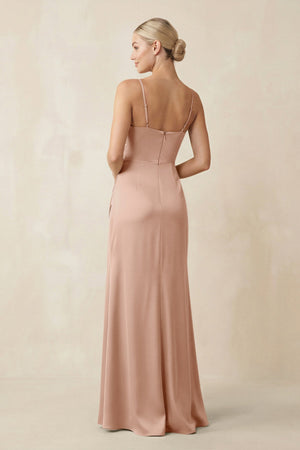 Cami Strap Ruched Satin Sheath Bridesmaid Dress in Champagne Rose - KISS BRIDAL Bridesmaid Dresses