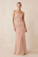 Cami Strap Ruched Satin Sheath Bridesmaid Dress in Champagne Rose | KISSBRIDAL