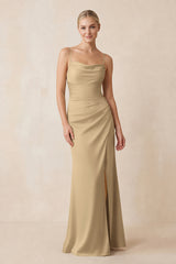 Cami Strap Ruched Satin Sheath Bridesmaid Dress in Champagne | KISSBRIDAL
