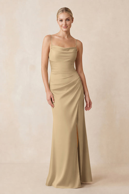 Cami Strap Ruched Satin Sheath Bridesmaid Dress in Champagne | KISSBRIDAL