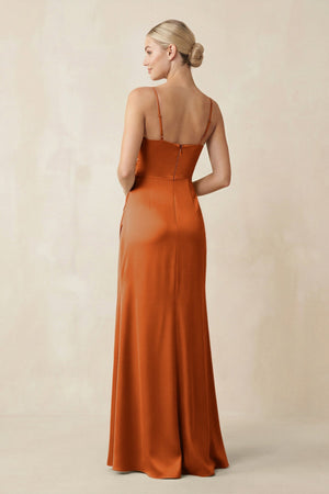 Cami Strap Ruched Satin Sheath Bridesmaid Dress in Cinnamon - KISS BRIDAL Bridesmaid Dresses