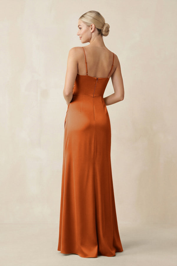 Cami Strap Ruched Satin Sheath Bridesmaid Dress in Cinnamon - KISS BRIDAL Bridesmaid Dresses