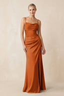 Cami Strap Ruched Satin Sheath Bridesmaid Dress in Cinnamon - KISS BRIDAL Bridesmaid Dresses