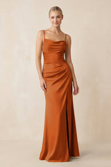 Cami Strap Ruched Satin Sheath Bridesmaid Dress in Cinnamon - KISS BRIDAL Bridesmaid Dresses
