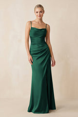 Cami Strap Ruched Satin Sheath Bridesmaid Dress in Dark Green - KISS BRIDAL Bridesmaid Dresses