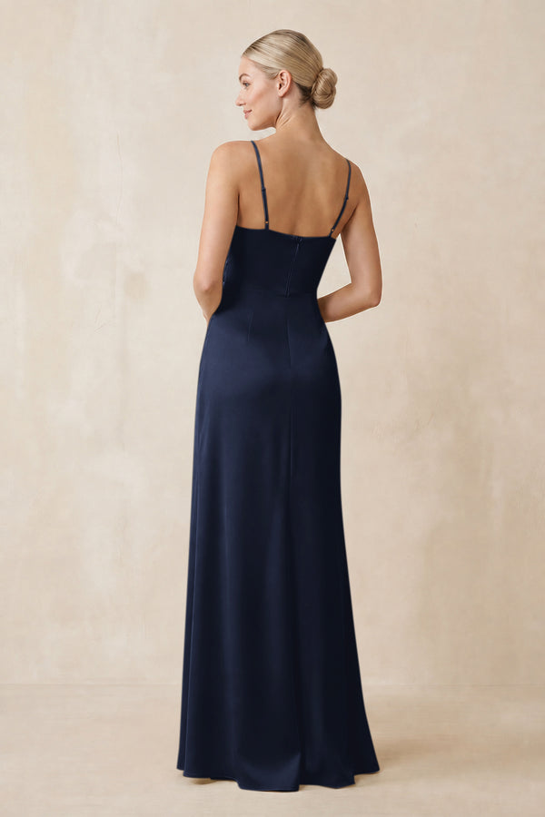Cami Strap Ruched Satin Sheath Bridesmaid Dress in Dark Navy (2) | KISSBRIDAL