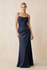 Cami Strap Ruched Satin Sheath Bridesmaid Dress in Dark Navy - KISS BRIDAL Bridesmaid Dresses