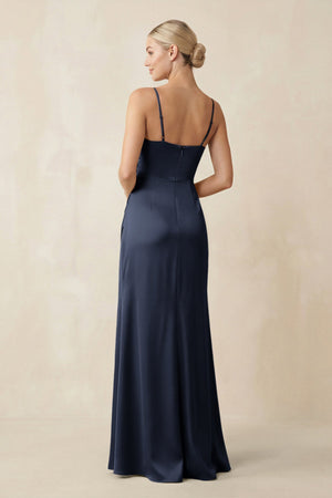 Cami Strap Ruched Satin Sheath Bridesmaid Dress in Dark Navy - KISS BRIDAL Bridesmaid Dresses