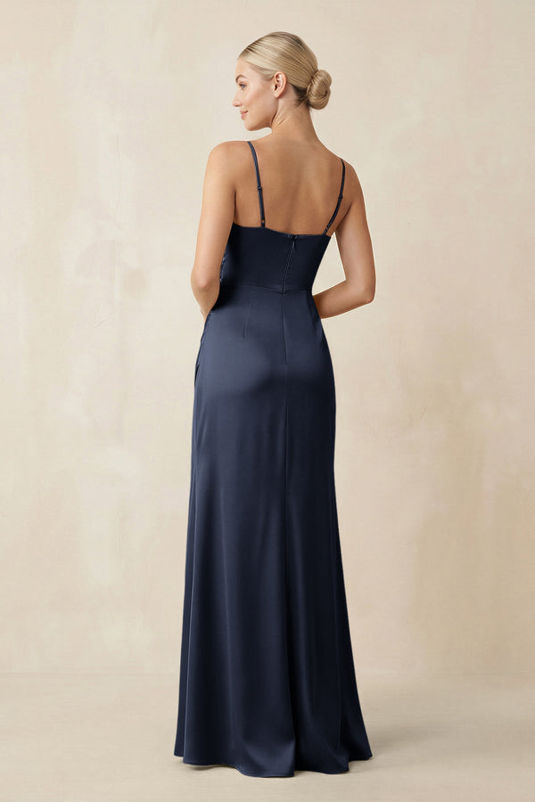 Cami Strap Ruched Satin Sheath Bridesmaid Dress in Dark Navy - KISS BRIDAL Bridesmaid Dresses