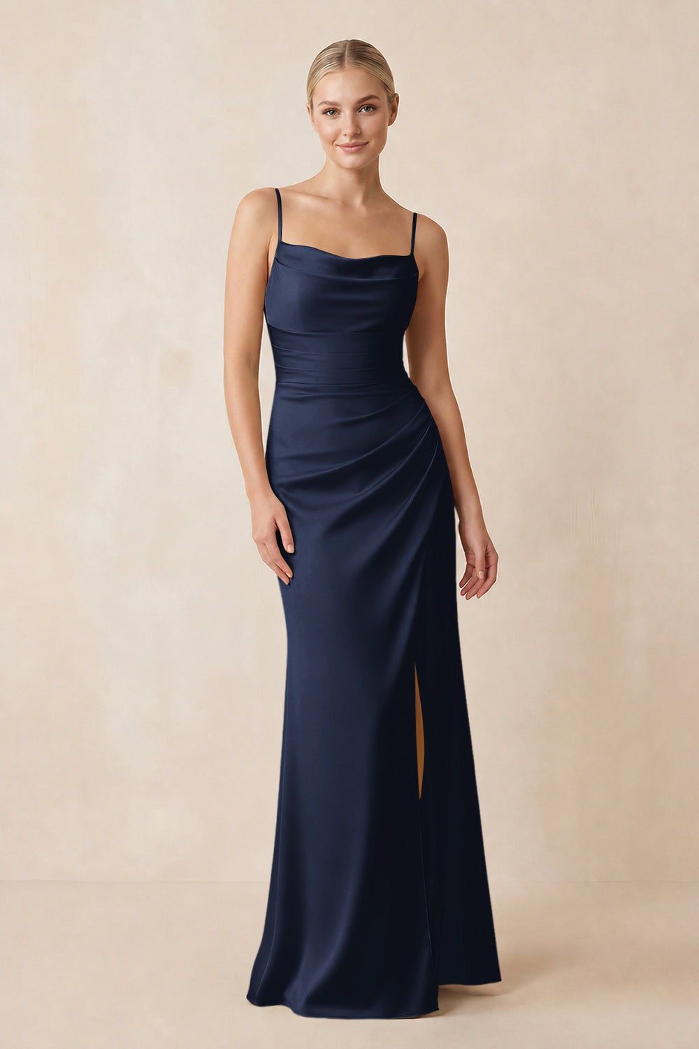Cami Strap Ruched Satin Sheath Bridesmaid Dress in Dark Navy