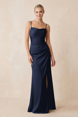Cami Strap Ruched Satin Sheath Bridesmaid Dress in Dark Navy | KISSBRIDAL