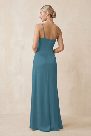 Cami Strap Ruched Satin Sheath Bridesmaid Dress in Dark Teal (2) | KISSBRIDAL