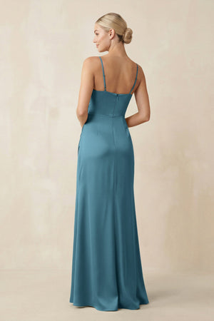 Cami Strap Ruched Satin Sheath Bridesmaid Dress in Dark Teal - KISS BRIDAL Bridesmaid Dresses