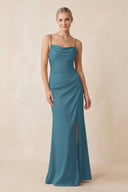 Cami Strap Ruched Satin Sheath Bridesmaid Dress in Dark Teal | KISSBRIDAL