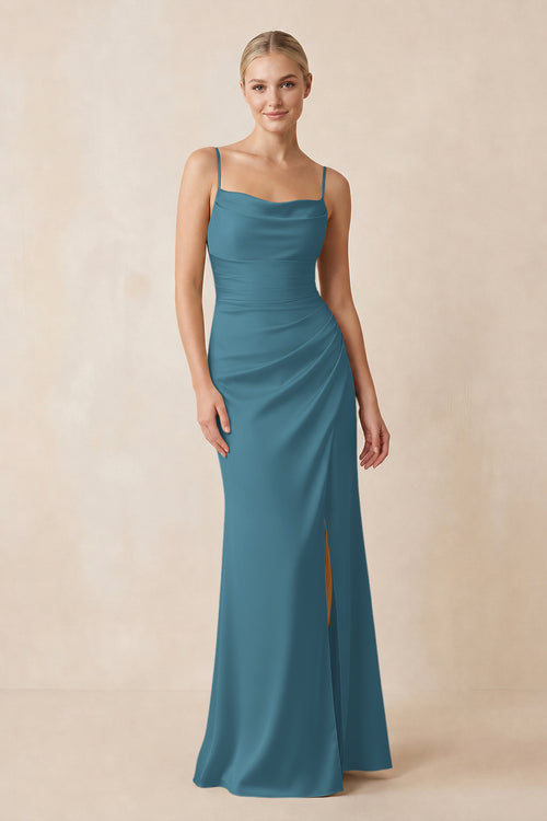 Cami Strap Ruched Satin Sheath Bridesmaid Dress in Dark Teal | KISSBRIDAL