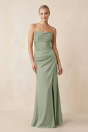 Cami Strap Ruched Satin Sheath Bridesmaid Dress in Dove Gray - KISS BRIDAL Bridesmaid Dresses