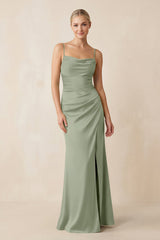 Cami Strap Ruched Satin Sheath Bridesmaid Dress in Dove Gray - KISS BRIDAL Bridesmaid Dresses
