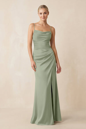 Cami Strap Ruched Satin Sheath Bridesmaid Dress in Dove Gray - KISS BRIDAL Bridesmaid Dresses