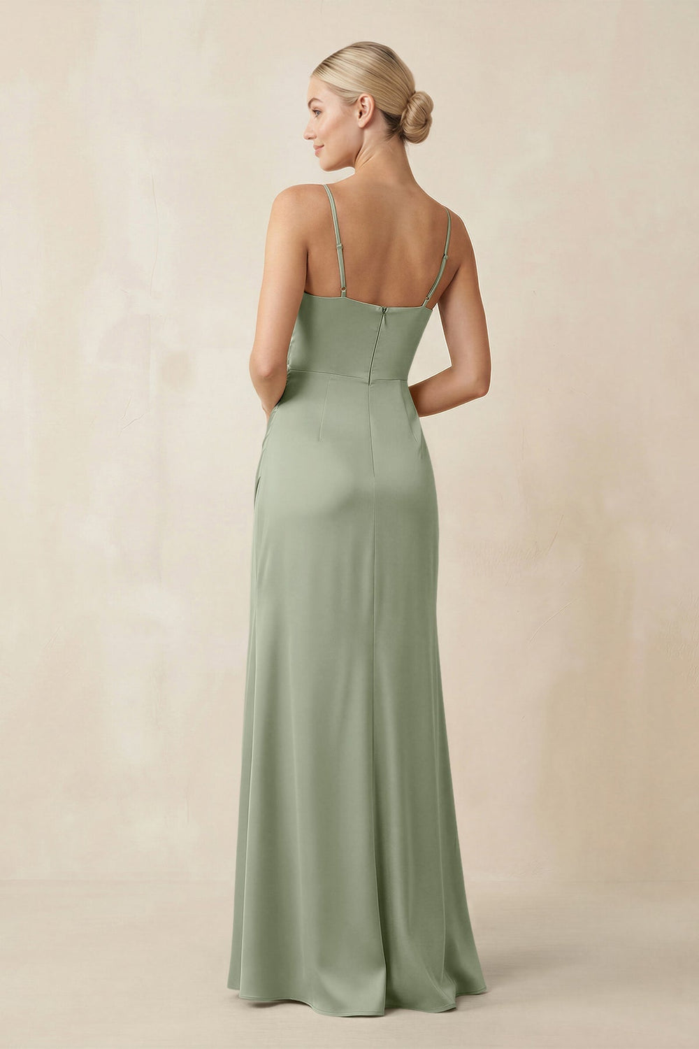 Cami Strap Ruched Satin Sheath Bridesmaid Dress in Dove Gray - KISS BRIDAL Bridesmaid Dresses