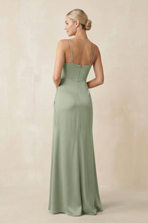 Cami Strap Ruched Satin Sheath Bridesmaid Dress in Dove Gray - KISS BRIDAL Bridesmaid Dresses