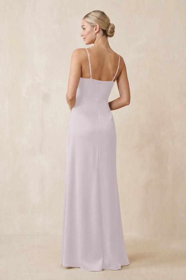 Cami Strap Ruched Satin Sheath Bridesmaid Dress in Dusk (2) | KISSBRIDAL