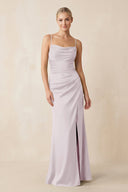 Cami Strap Ruched Satin Sheath Bridesmaid Dress in Dusk - KISS BRIDAL Bridesmaid Dresses