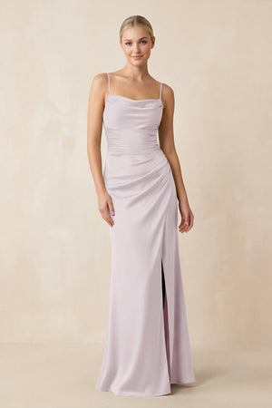 Cami Strap Ruched Satin Sheath Bridesmaid Dress in Dusk - KISS BRIDAL Bridesmaid Dresses