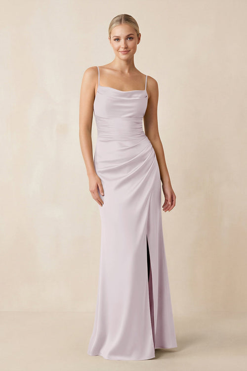 Cami Strap Ruched Satin Sheath Bridesmaid Dress in Dusk - KISS BRIDAL Bridesmaid Dresses