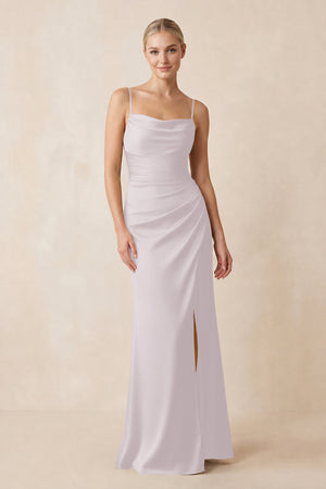 Cami Strap Ruched Satin Sheath Bridesmaid Dress in Dusk | KISSBRIDAL