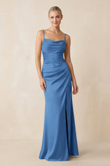 Cami Strap Ruched Satin Sheath Bridesmaid Dress in Dusty Blue - KISS BRIDAL Bridesmaid Dresses