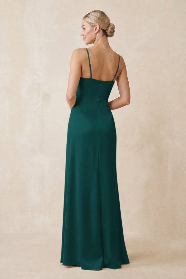 Cami Strap Ruched Satin Sheath Bridesmaid Dress in Emerald (2) | KISSBRIDAL