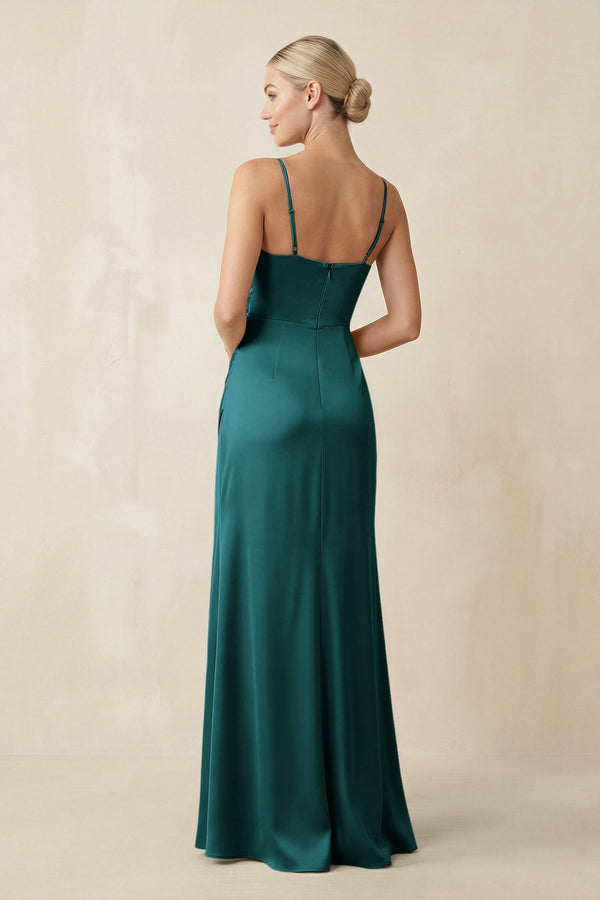 Cami Strap Ruched Satin Sheath Bridesmaid Dress in Emerald - KISS BRIDAL Bridesmaid Dresses