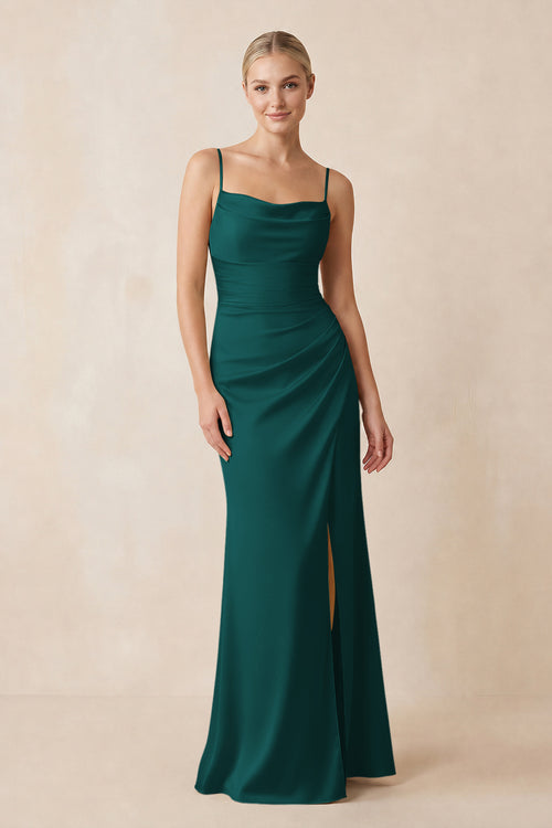 Cami Strap Ruched Satin Sheath Bridesmaid Dress in Emerald | KISSBRIDAL