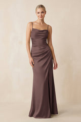 Cami Strap Ruched Satin Sheath Bridesmaid Dress in Espresso - KISS BRIDAL Bridesmaid Dresses