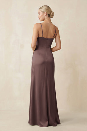 Cami Strap Ruched Satin Sheath Bridesmaid Dress in Espresso - KISS BRIDAL Bridesmaid Dresses
