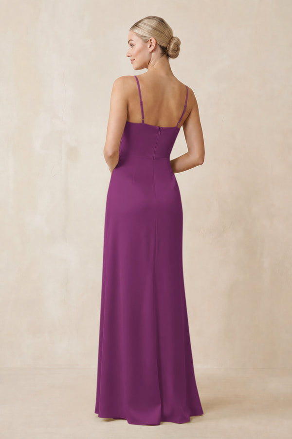 Cami Strap Ruched Satin Sheath Bridesmaid Dress in Fig (2) | KISSBRIDAL