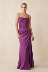 Cami Strap Ruched Satin Sheath Bridesmaid Dress in Fig - KISS BRIDAL Bridesmaid Dresses
