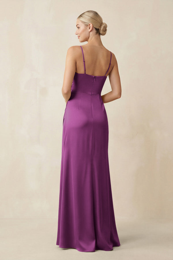 Cami Strap Ruched Satin Sheath Bridesmaid Dress in Fig - KISS BRIDAL Bridesmaid Dresses