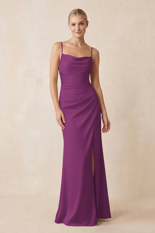 Cami Strap Ruched Satin Sheath Bridesmaid Dress in Fig | KISSBRIDAL