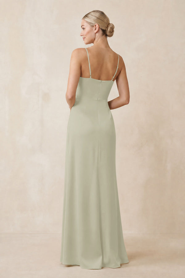 Cami Strap Ruched Satin Sheath Bridesmaid Dress in Frost (2) | KISSBRIDAL