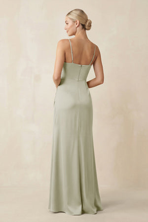 Cami Strap Ruched Satin Sheath Bridesmaid Dress in Frost - KISS BRIDAL Bridesmaid Dresses