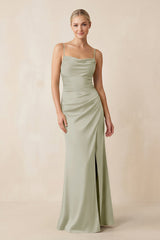 Cami Strap Ruched Satin Sheath Bridesmaid Dress in Frost - KISS BRIDAL Bridesmaid Dresses