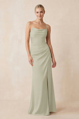 Cami Strap Ruched Satin Sheath Bridesmaid Dress in Frost | KISSBRIDAL
