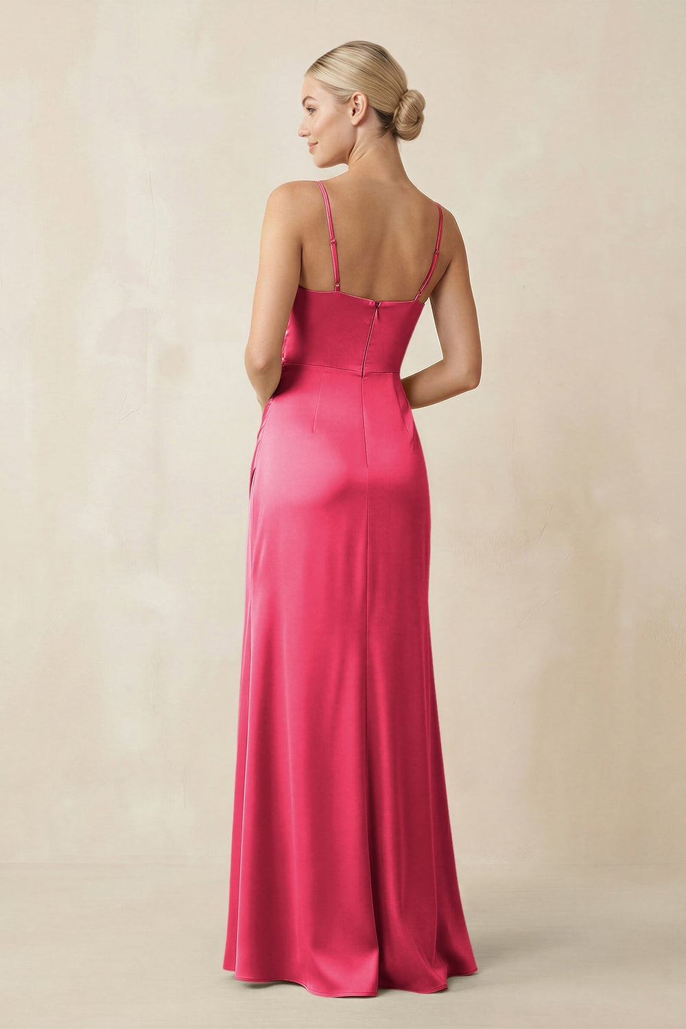 Cami Strap Ruched Satin Sheath Bridesmaid Dress in Fuchsia - KISS BRIDAL Bridesmaid Dresses