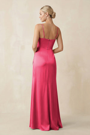 Cami Strap Ruched Satin Sheath Bridesmaid Dress in Fuchsia - KISS BRIDAL Bridesmaid Dresses