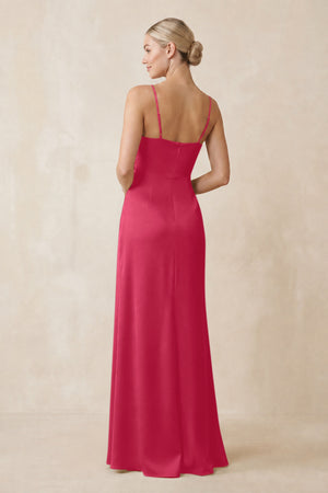 Cami Strap Ruched Satin Sheath Bridesmaid Dress in Fuchsia (2) | KISSBRIDAL