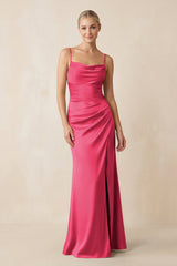 Cami Strap Ruched Satin Sheath Bridesmaid Dress in Fuchsia - KISS BRIDAL Bridesmaid Dresses