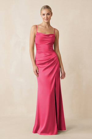 Cami Strap Ruched Satin Sheath Bridesmaid Dress in Fuchsia - KISS BRIDAL Bridesmaid Dresses