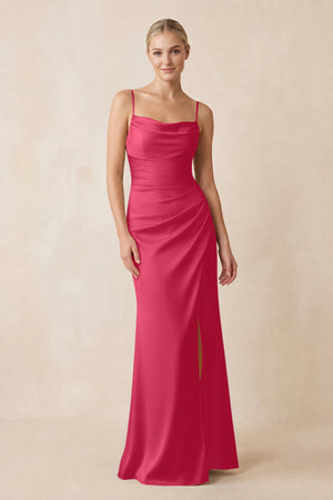 Cami Strap Ruched Satin Sheath Bridesmaid Dress in Fuchsia | KISSBRIDAL