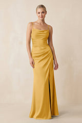 Cami Strap Ruched Satin Sheath Bridesmaid Dress in Gold - KISS BRIDAL Bridesmaid Dresses